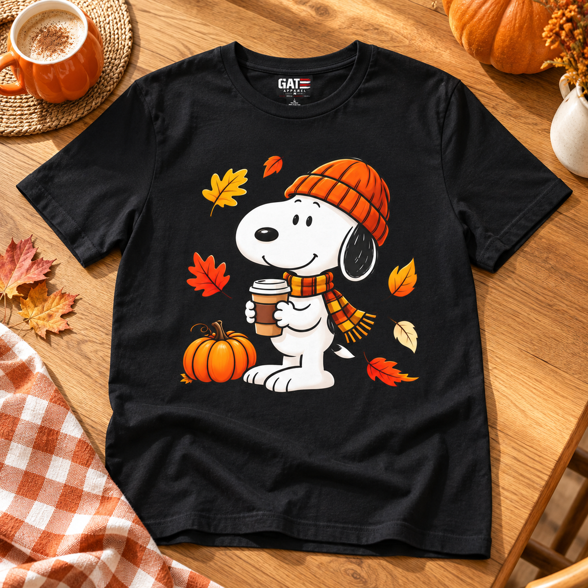 Snoopy Fall Coffee T-Shirt | Cozy Pumpkin Autumn Graphic Tee — zoomed-in lifestyle flat lay