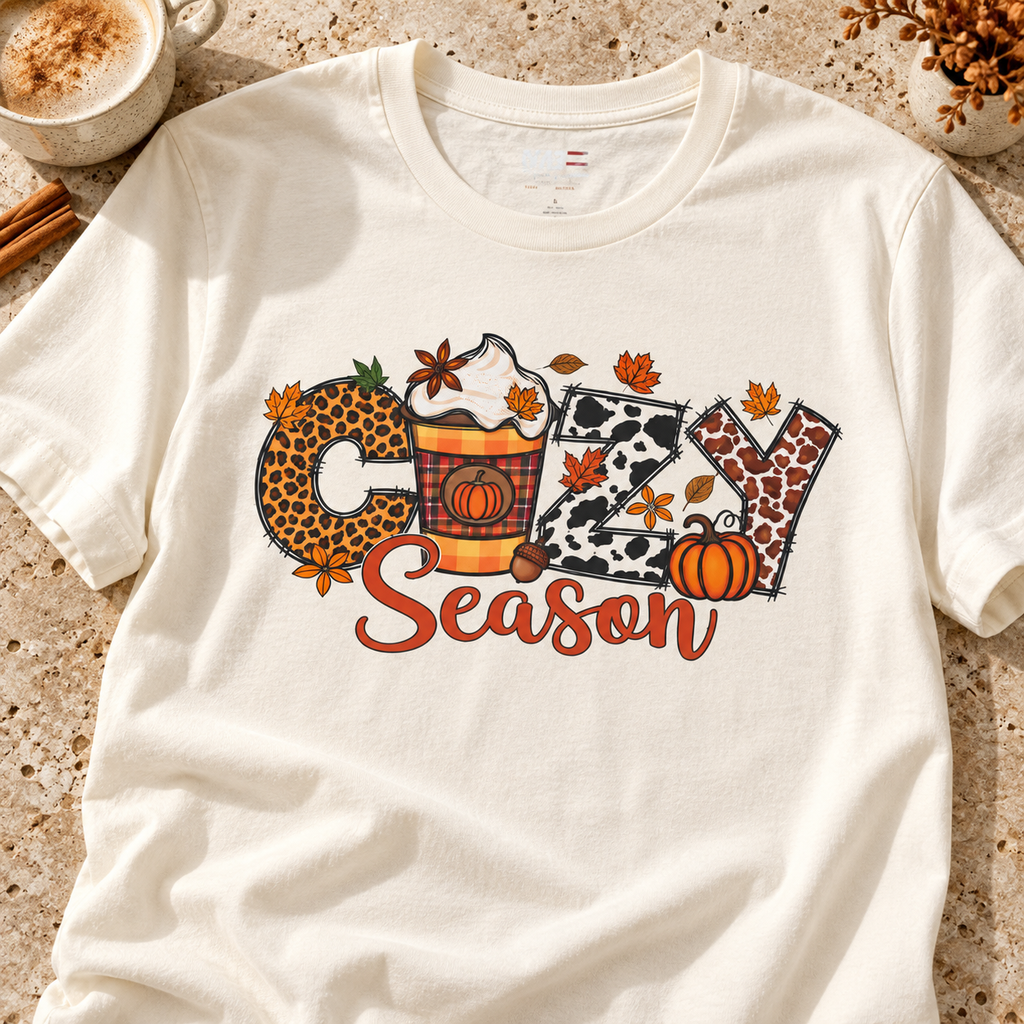 Cozy Season Fall Winter Coffee Shirt — zoomed-in lifestyle flat lay