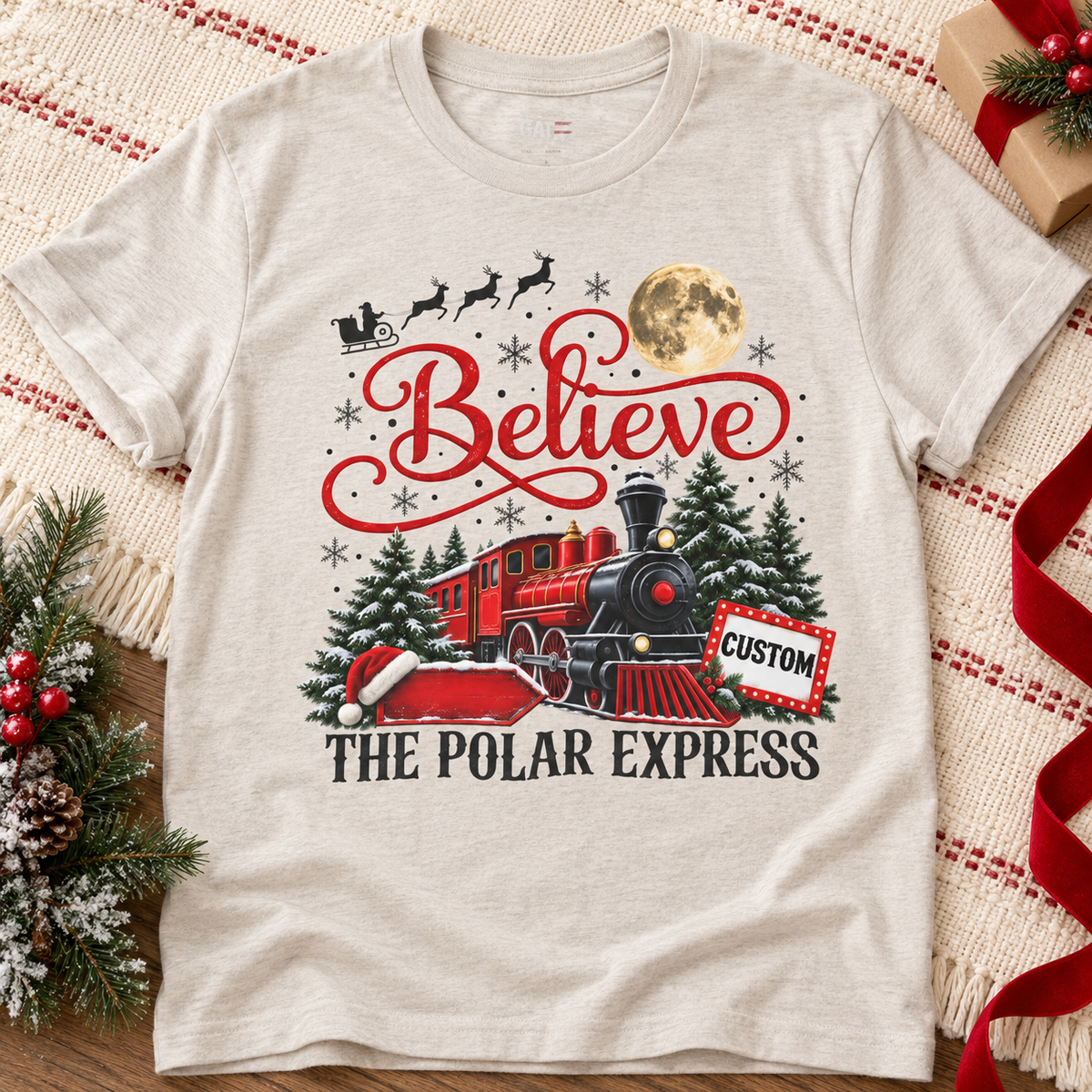 Personalized Polar Express Shirt — zoomed-in lifestyle flat lay