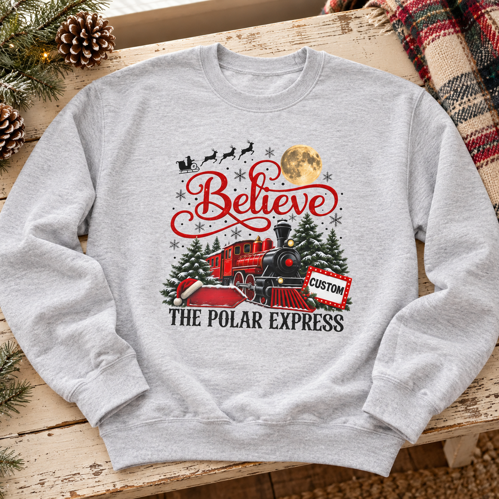 Personalized Polar Express Crewneck Sweatshirt — zoomed-in lifestyle flat lay