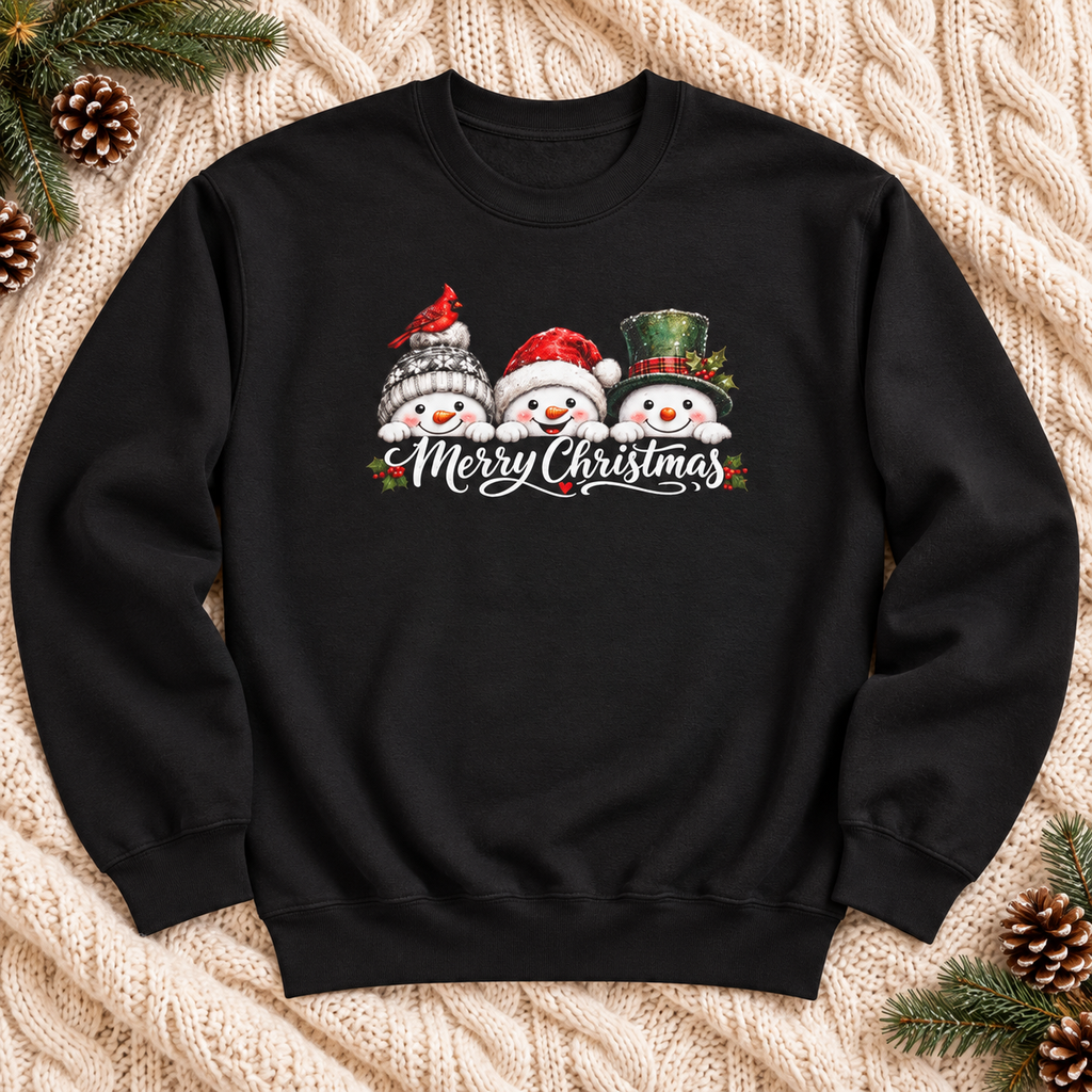 Merry Christmas Snowman Crewneck Sweatshirt — zoomed-in lifestyle flat lay