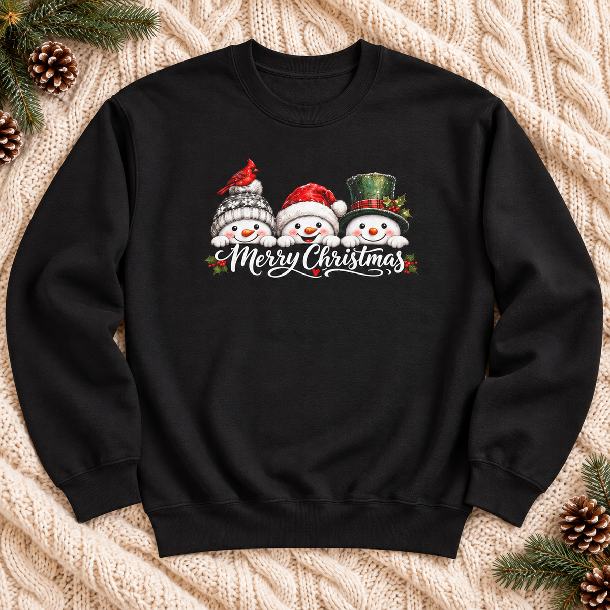 Merry Christmas Snowman Crewneck Sweatshirt — zoomed-in lifestyle flat lay