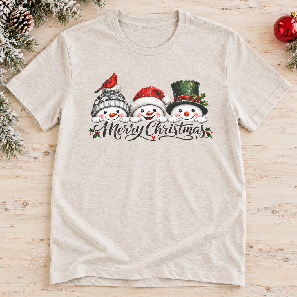 Merry Christmas Snowman Shirt — zoomed-in lifestyle flat lay