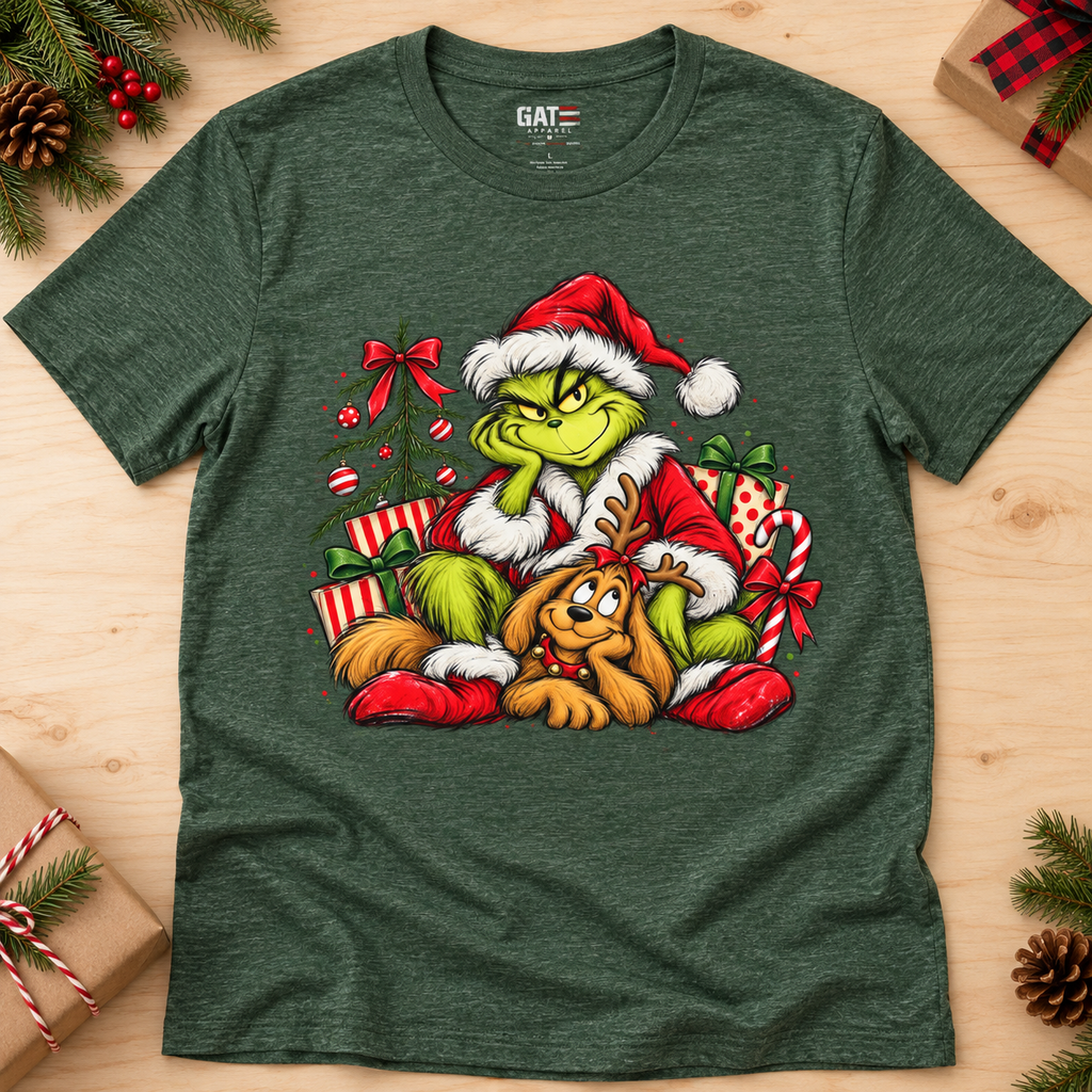 Grinch Christmas Graphic T-Shirt — zoomed-in lifestyle flat lay