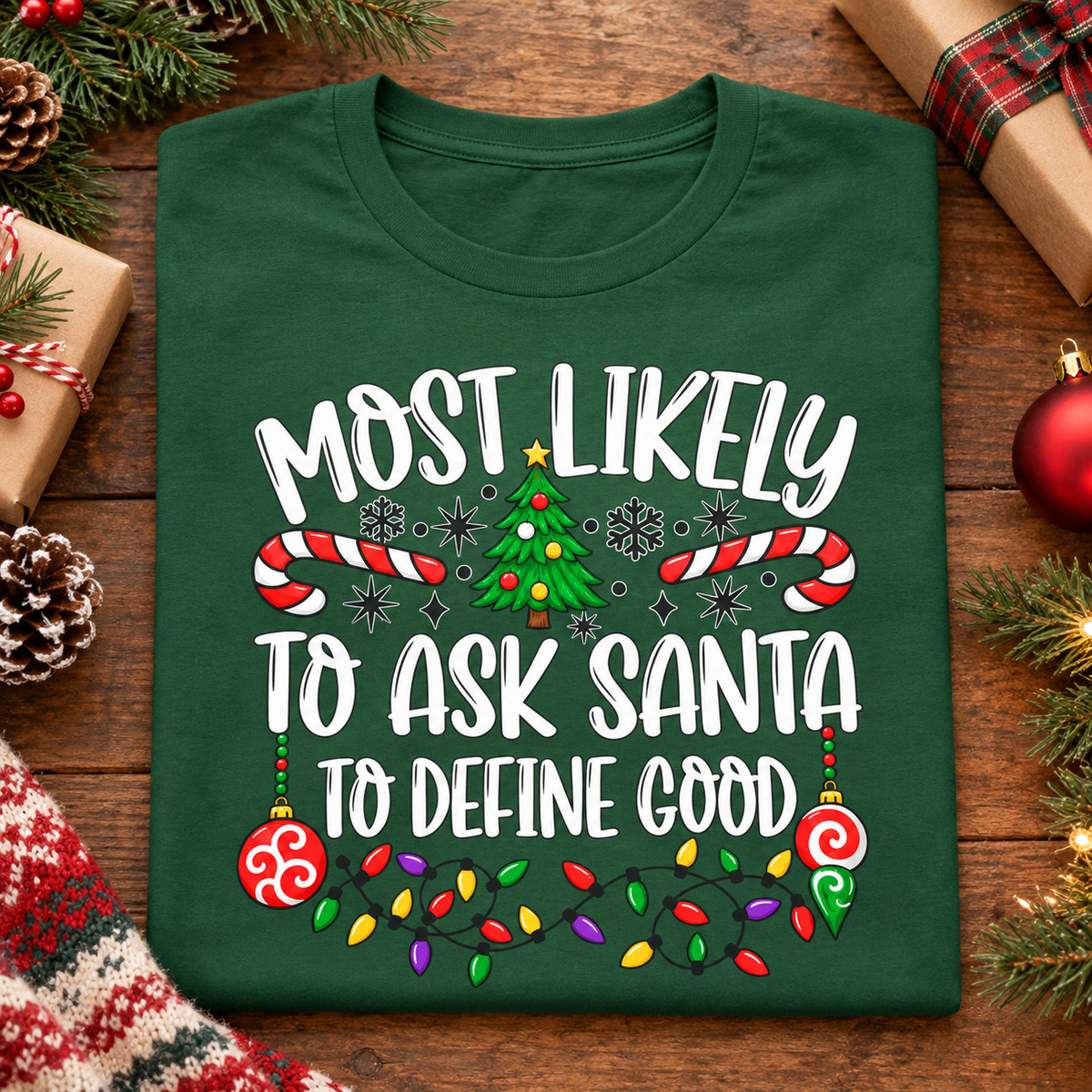 Most Likely to Ask Santa to Define Good T-Shirt — folded lifestyle mockup