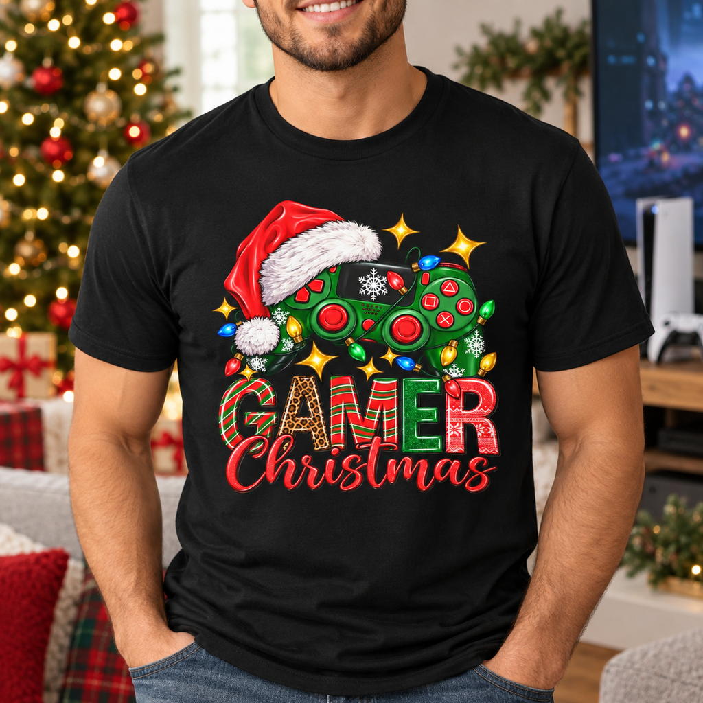 Gamer Christmas T-Shirt | Holiday Gaming Graphic Tee — close-up model-worn lifestyle mockup