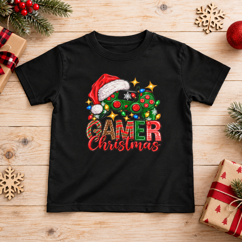 Kids Gamer Christmas T-Shirt | Holiday Gaming Tee — zoomed-in lifestyle flat lay