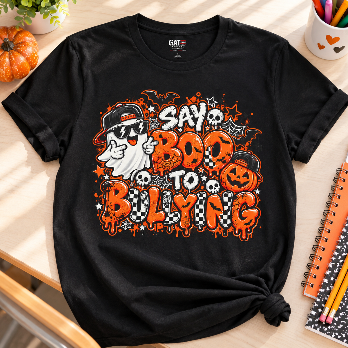 Anti-Bullying Teacher Shirt – Say Boo to Bullying Halloween Tee — zoomed-in lifestyle flat lay