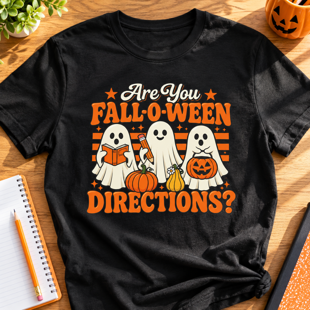 Halloween Teacher Shirt – Are You Falloween Directions? — zoomed-in lifestyle flat lay