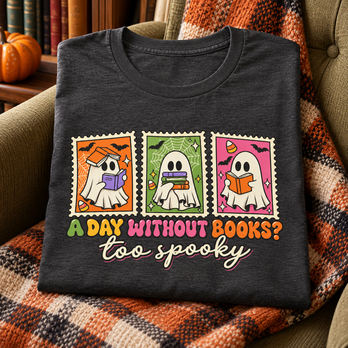 Halloween Book Lover Shirt – A Day Without Books Is Too Spooky — folded lifestyle mockup