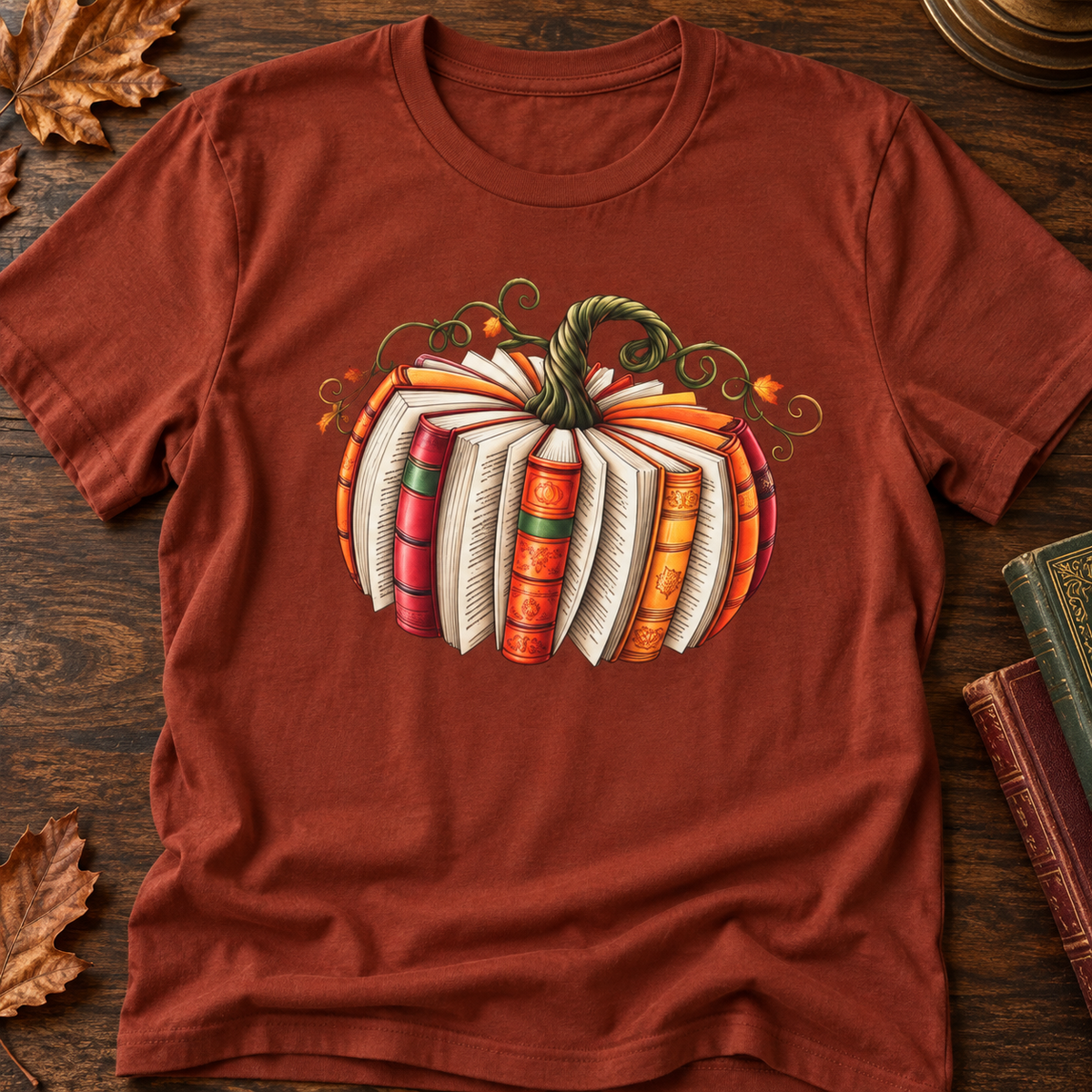 Fall Book Lover Shirt – Pumpkin Books Graphic Tee — zoomed-in lifestyle flat lay