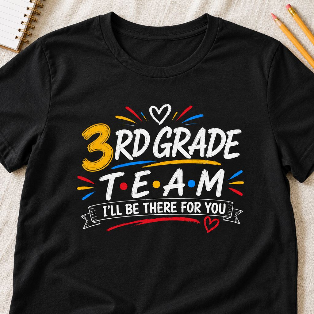 Third Grade Teacher Team Shirt | Retro Sitcom Style Tee — layflat lifestyle mockup