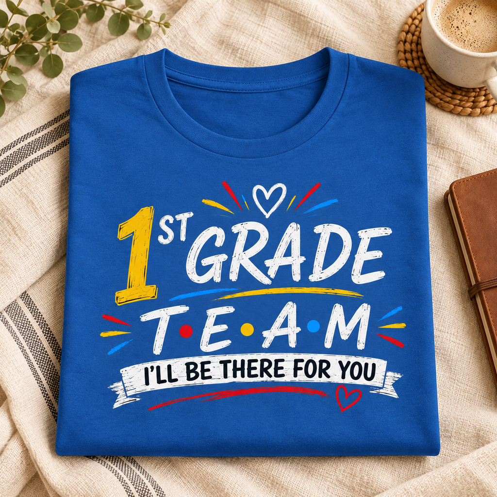 First Grade Teacher Team Shirt | Retro Sitcom Style Tee — folded lifestyle mockup