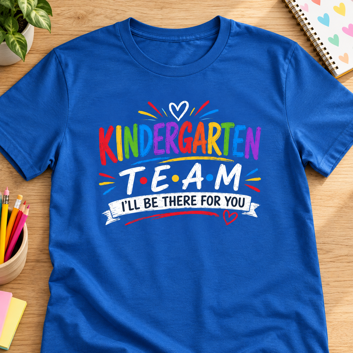 Kindergarten Teacher Team Shirt | Retro Sitcom Style Tee — layflat lifestyle mockup