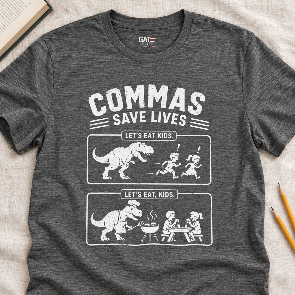 Commas Save Lives Grammar Shirt | ELAR Teacher Tee — zoomed-in lay-flat lifestyle mockup
