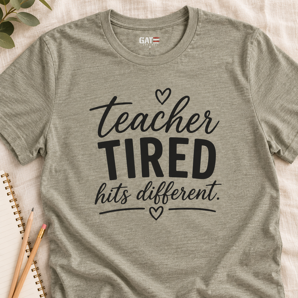 Teacher Tired Hits Different Shirt | Funny Teacher Tee — layflat lifestyle mockup