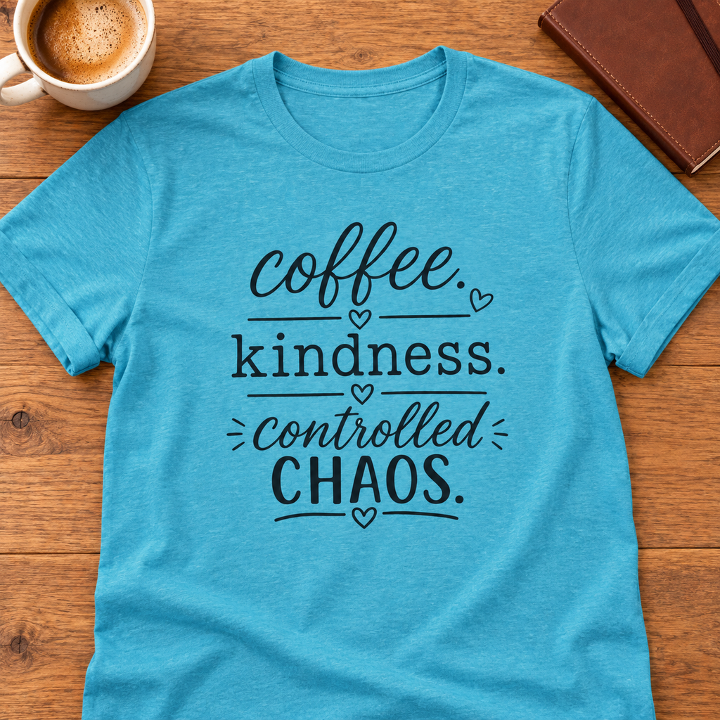 Coffee Kindness Chaos Shirt | Funny Teacher Tee — zoomed-in lay-flat lifestyle mockup