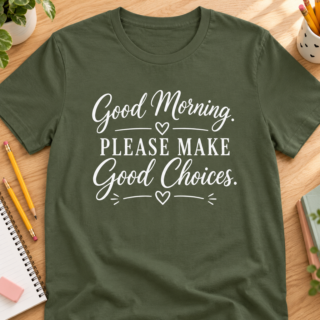 Good Choices Teacher Shirt | Funny Classroom Tee — layflat lifestyle mockup