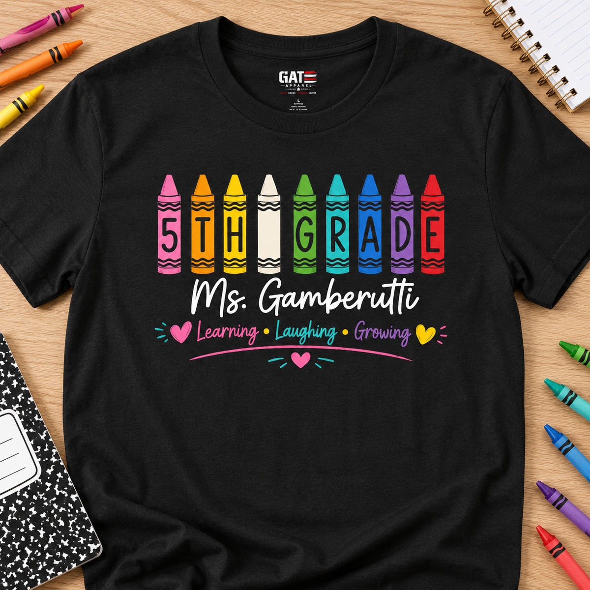 Custom Grade Level Teacher Crayon Shirt | Personalized Name — layflat lifestyle mockup