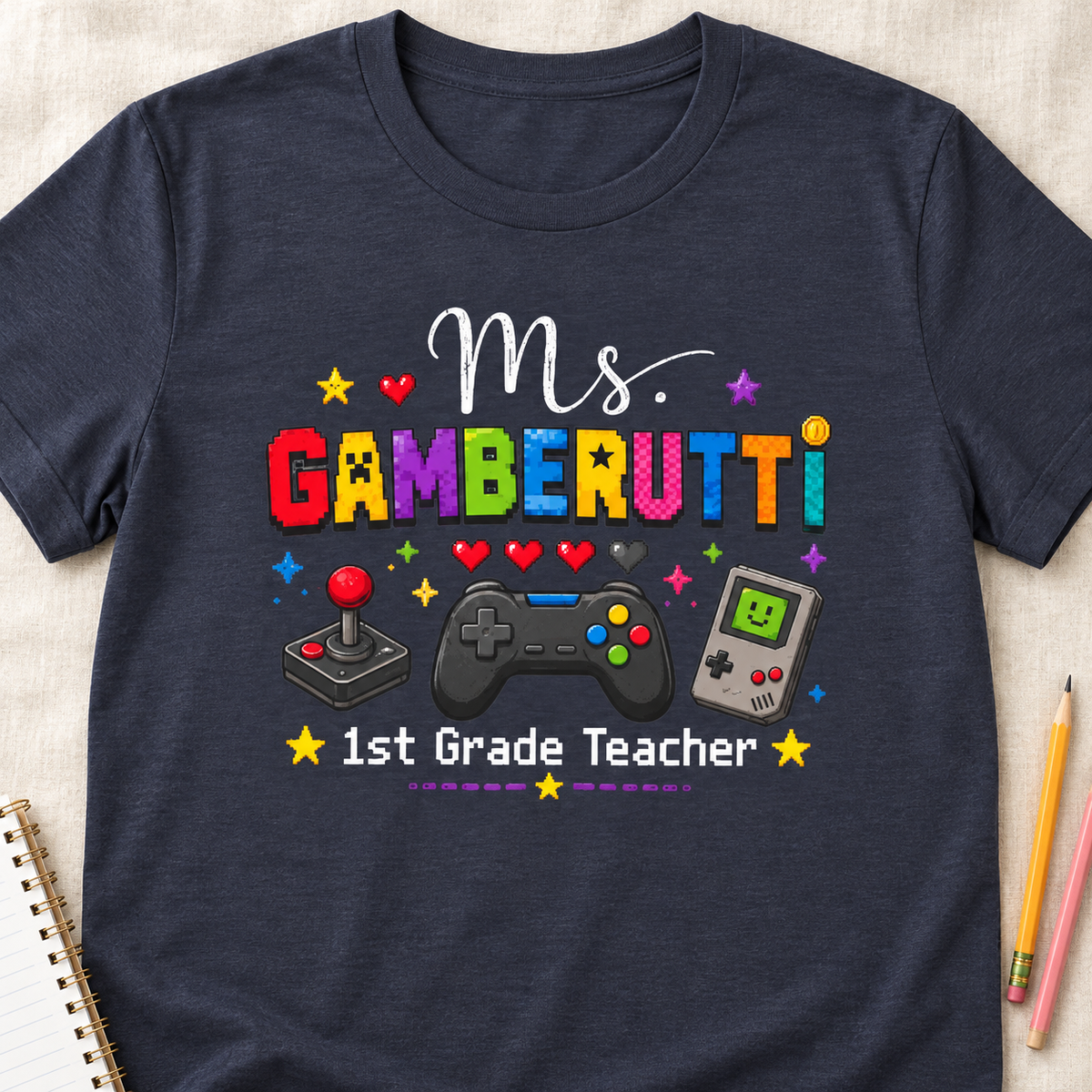 Personalized Teacher Gaming T-Shirt — layflat lifestyle mockup