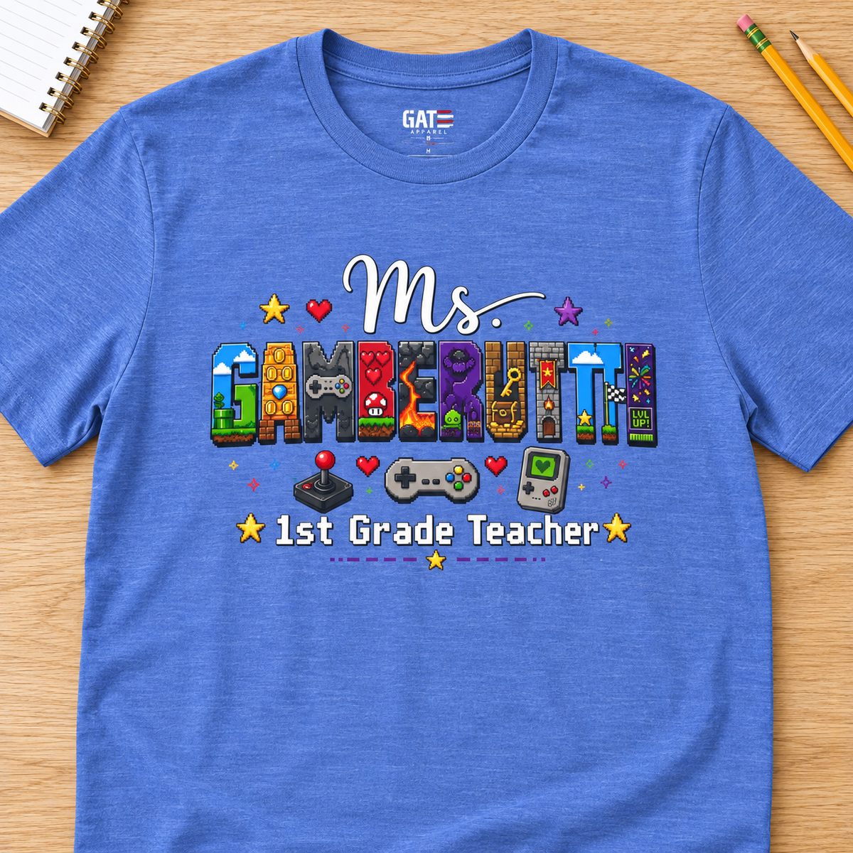 Personalized Teacher Gaming Block Letter T-Shirt — layflat lifestyle mockup