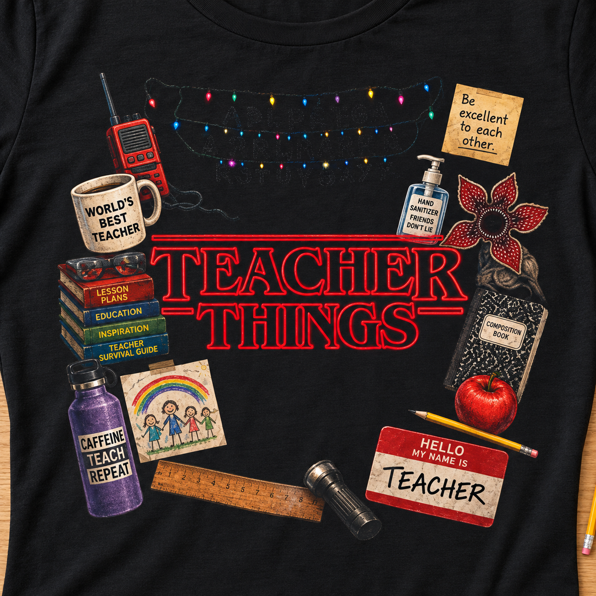 Teacher Things Educator T-Shirt — zoomed-in lay-flat lifestyle mockup