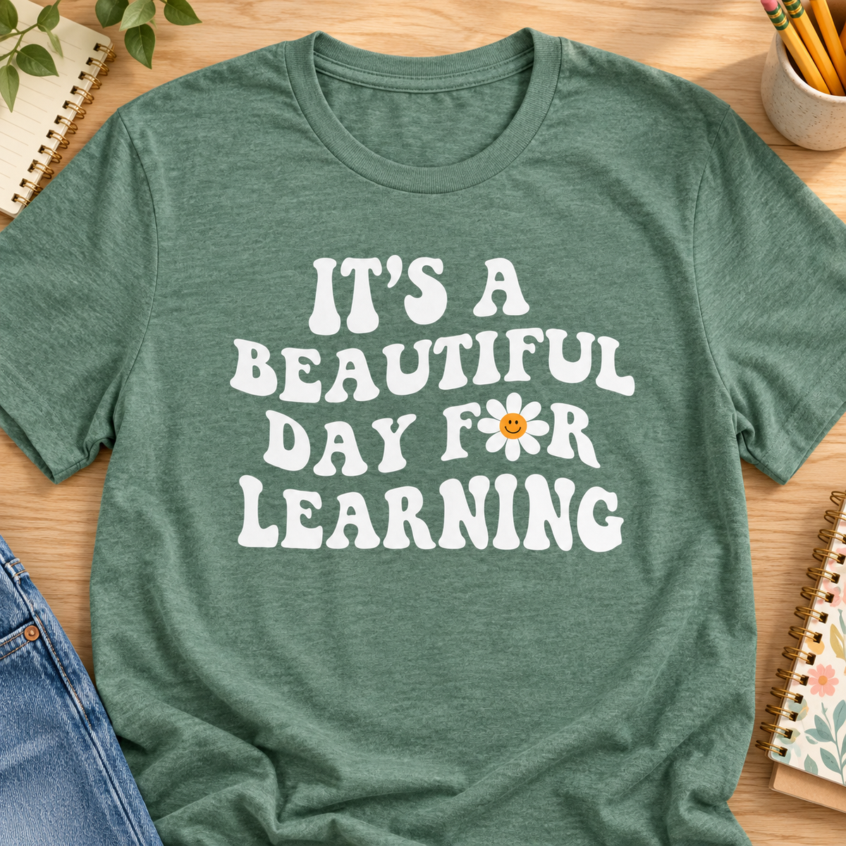Beautiful Day for Learning Teacher T-Shirt — zoomed-in lay-flat lifestyle mockup