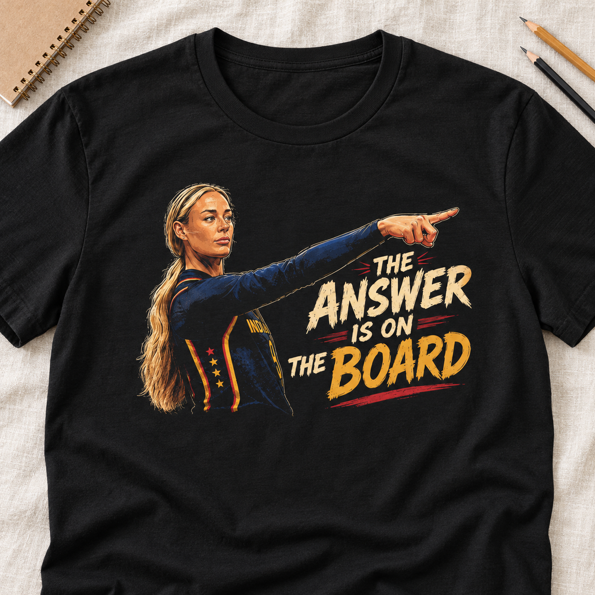 The Answer Is on the Board Teacher T-Shirt — layflat lifestyle mockup