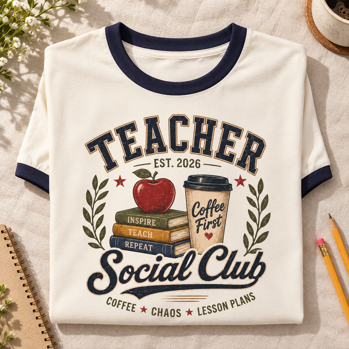 Teacher Social Club Coffee First Ringer Shirt — folded lifestyle mockup