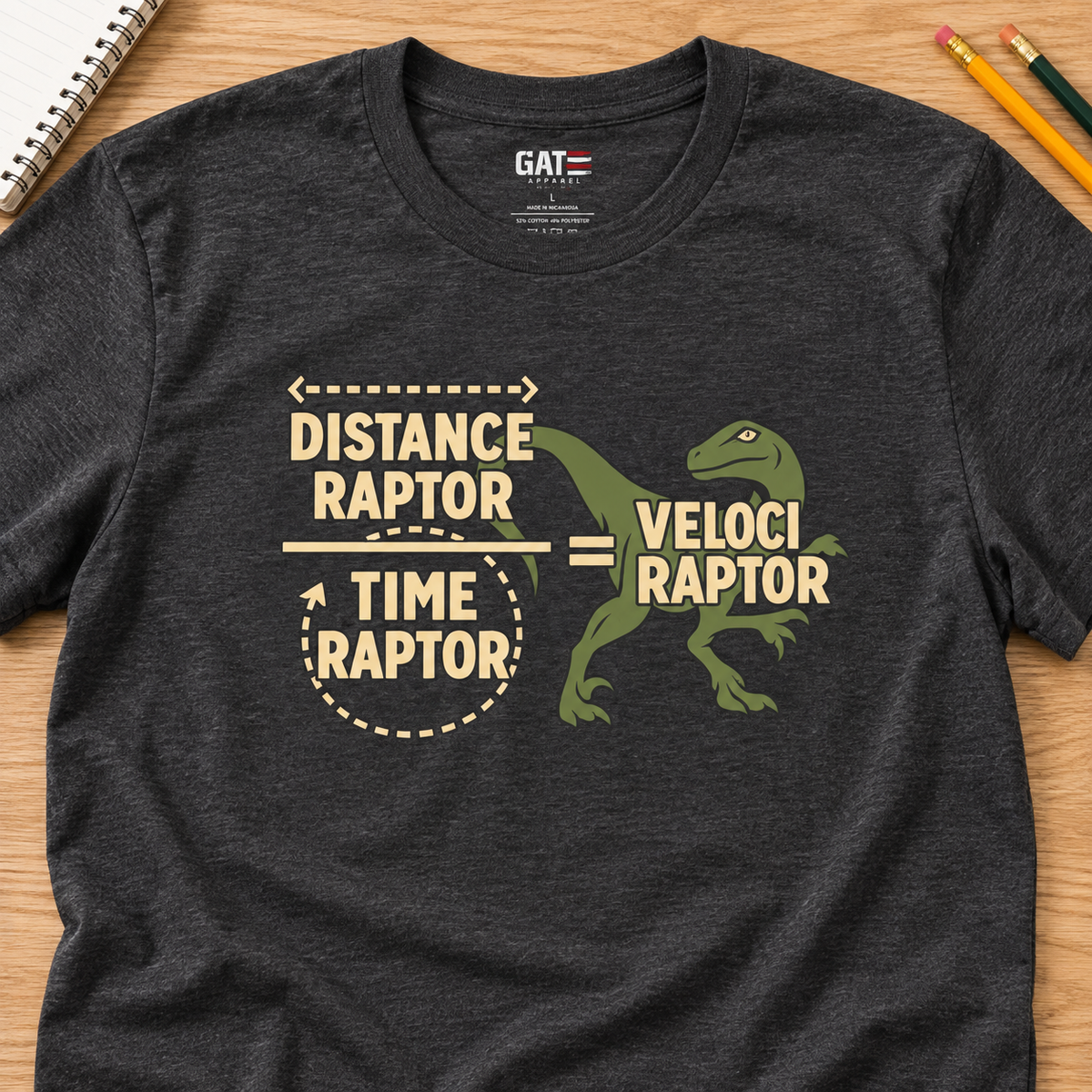 Velociraptor Distance Over Time Shirt | Funny Science Dinosaur Tee — layflat lifestyle mockup