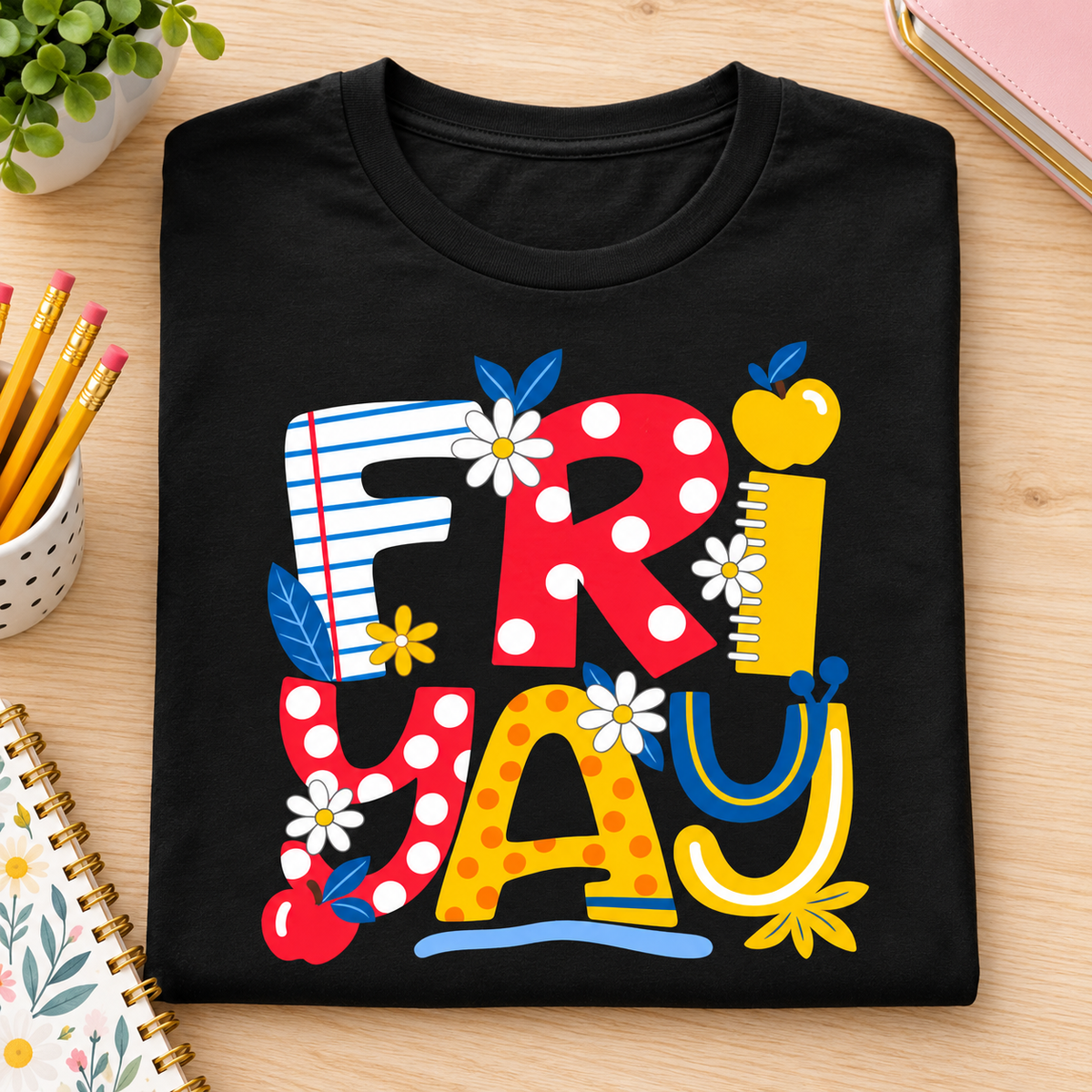 FRIYAY Teacher Shirt | Colorful Floral Classroom Tee — folded lifestyle mockup