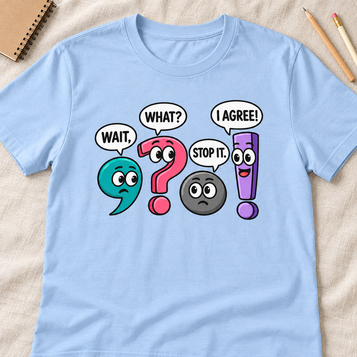 Punctuation Teacher Shirt | Funny Grammar Classroom Tee — layflat lifestyle mockup