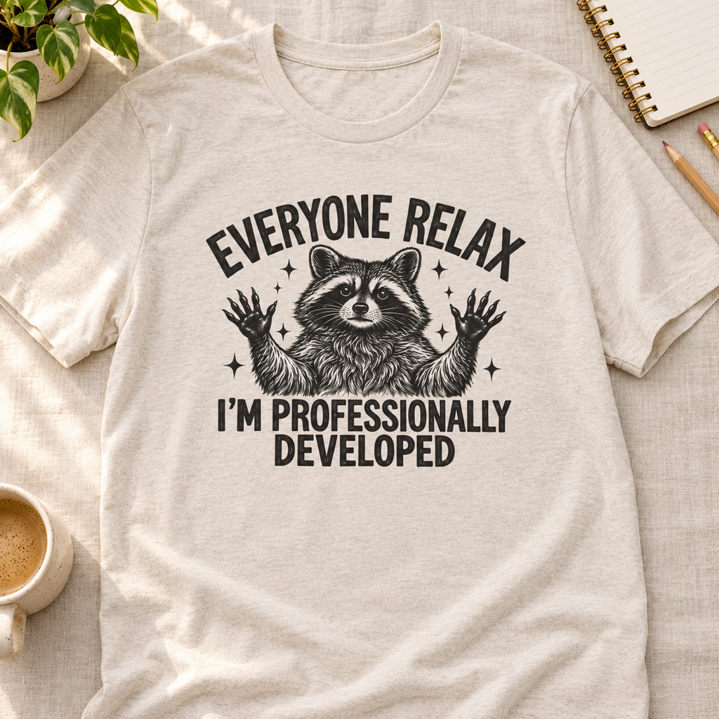 Funny Teacher Raccoon Shirt – I’m Professionally Developed — layflat lifestyle mockup