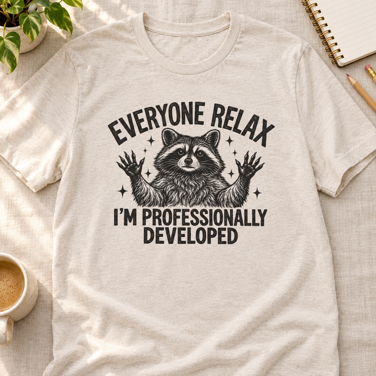 Funny Teacher Raccoon Shirt – I’m Professionally Developed — layflat lifestyle mockup