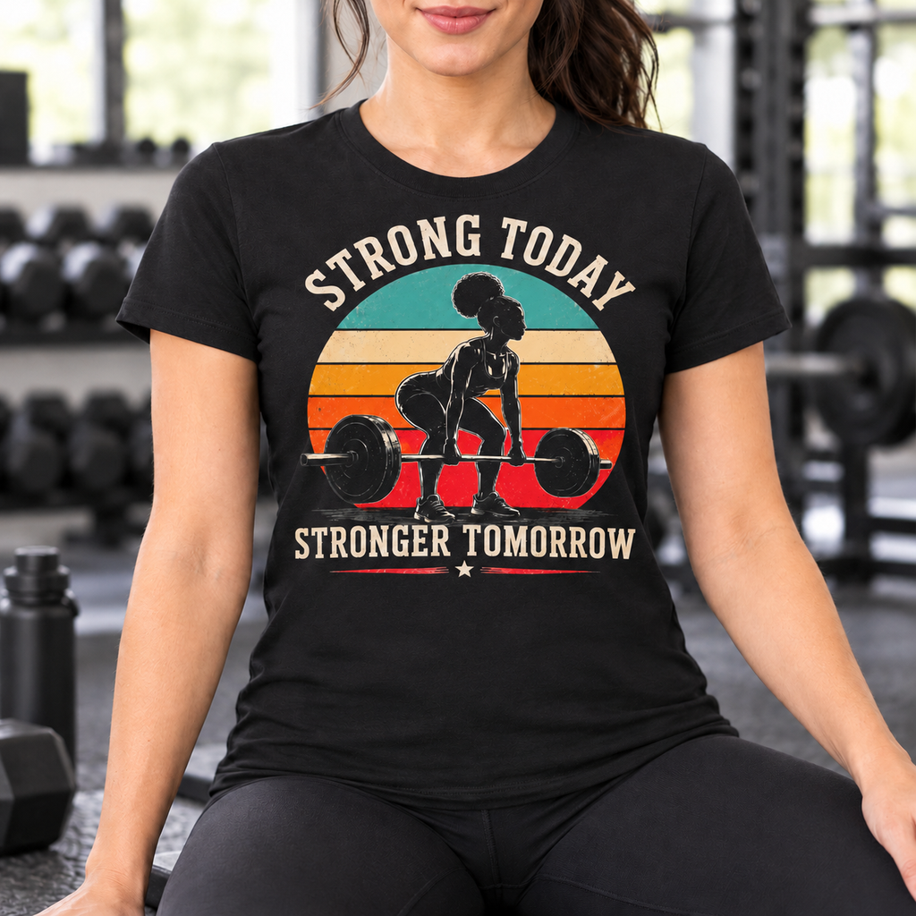 Strong Today Stronger Tomorrow Women's Gym Shirt — lifestyle mockup with raised upper chest print
