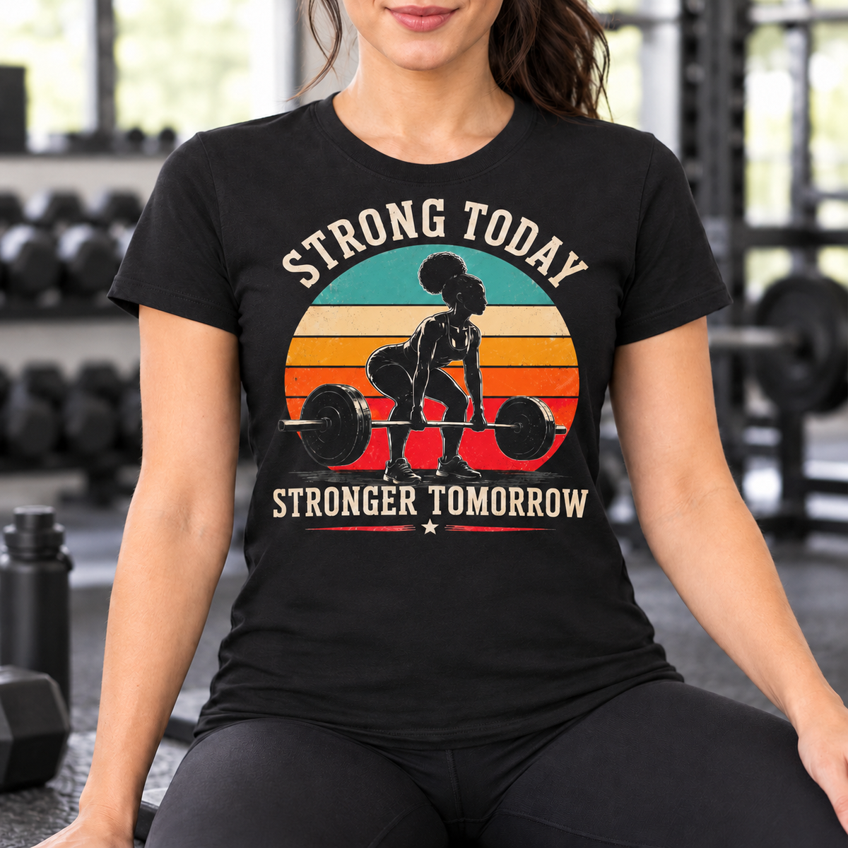 Strong Today Stronger Tomorrow Women's Gym Shirt — lifestyle mockup with raised upper chest print
