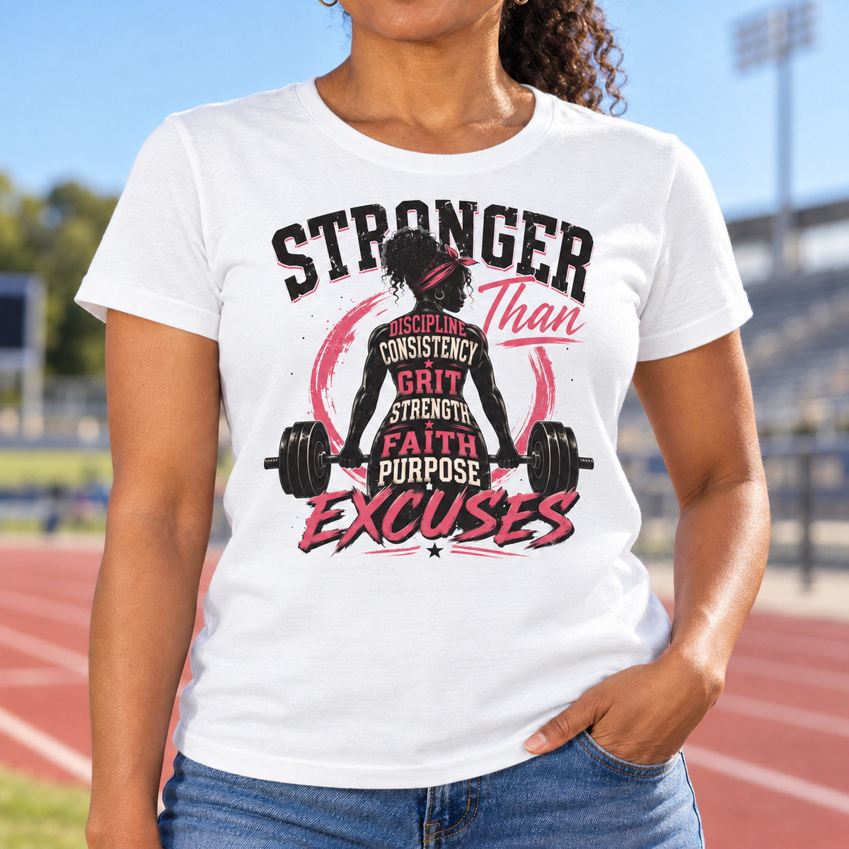 Stronger Than Excuses Women's Gym Shirt | Workout Tee — lifestyle mockup with raised upper chest print