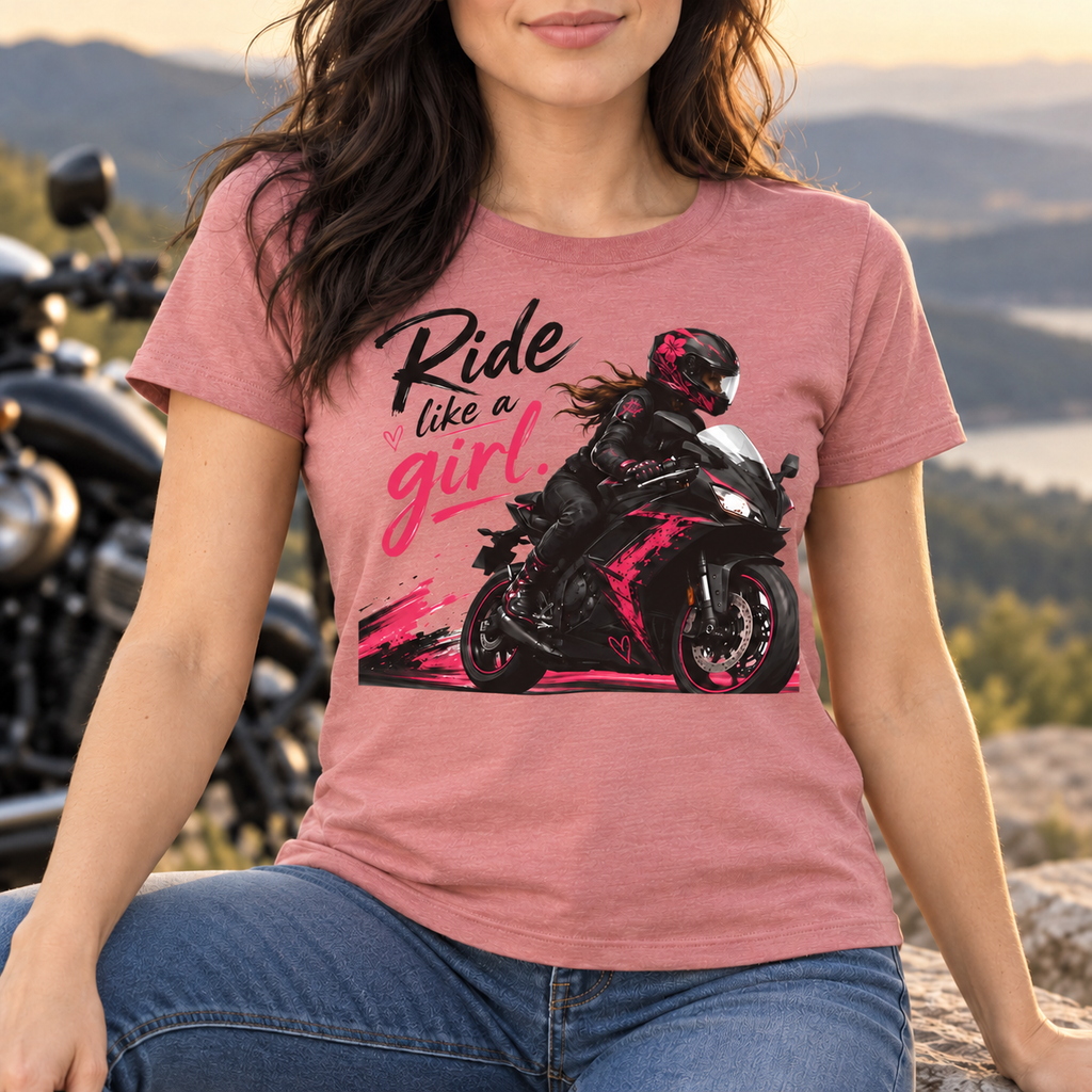 Ride Like a Girl Shirt | Women's Motorcycle Rider Tee — lifestyle mockup with raised upper chest print