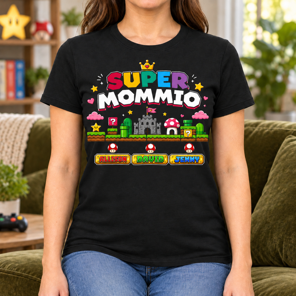 Super Mommio Retro Gamer Mom Shirt | Pixel Video Game Tee — lifestyle mockup with raised upper chest print