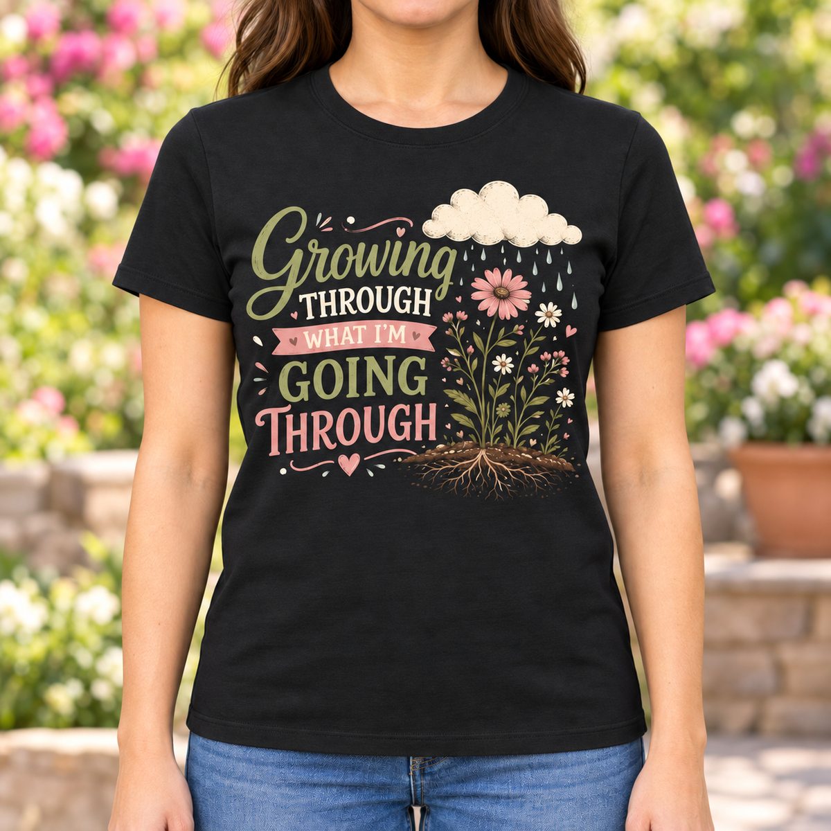 Positive Mindset Floral Shirt | Motivational Graphic Tee — lifestyle mockup with raised upper chest print
