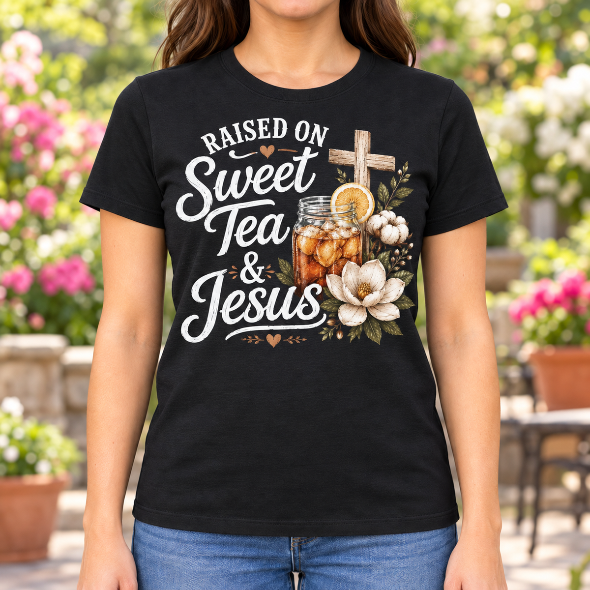 Raised on Sweet Tea and Jesus Shirt | Country Faith Tee — lifestyle mockup with raised upper chest print