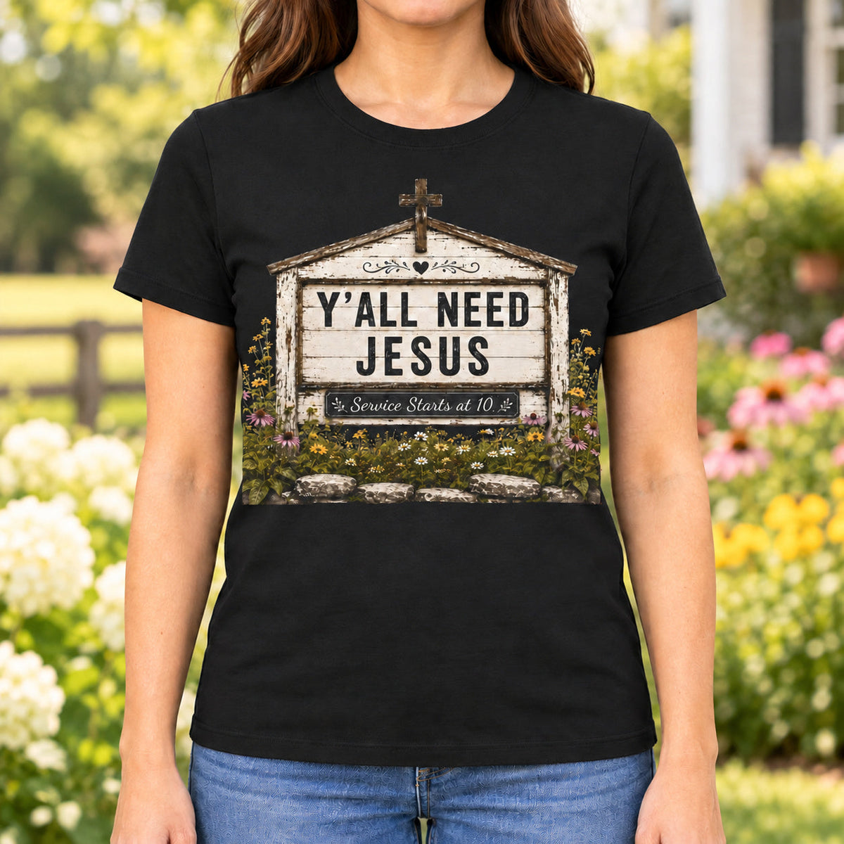 Y'all Need Jesus Shirt | Rustic Christian Tee — lifestyle mockup with raised upper chest print