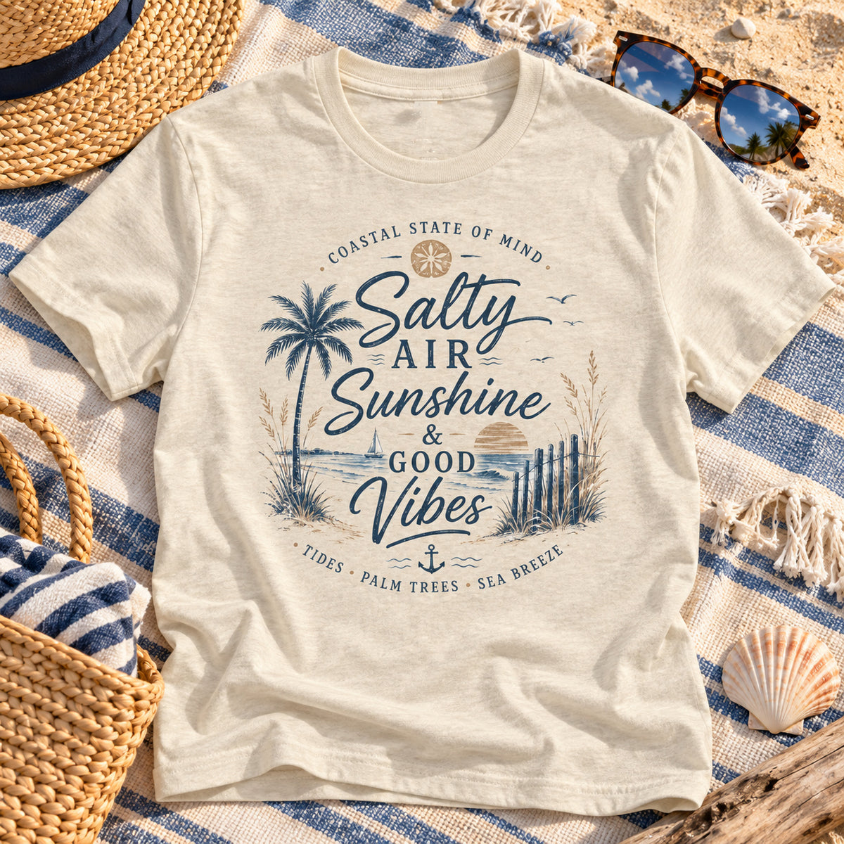 Salty Air Sunshine Good Vibes Shirt | Coastal Beach Tee — close-up lifestyle mockup