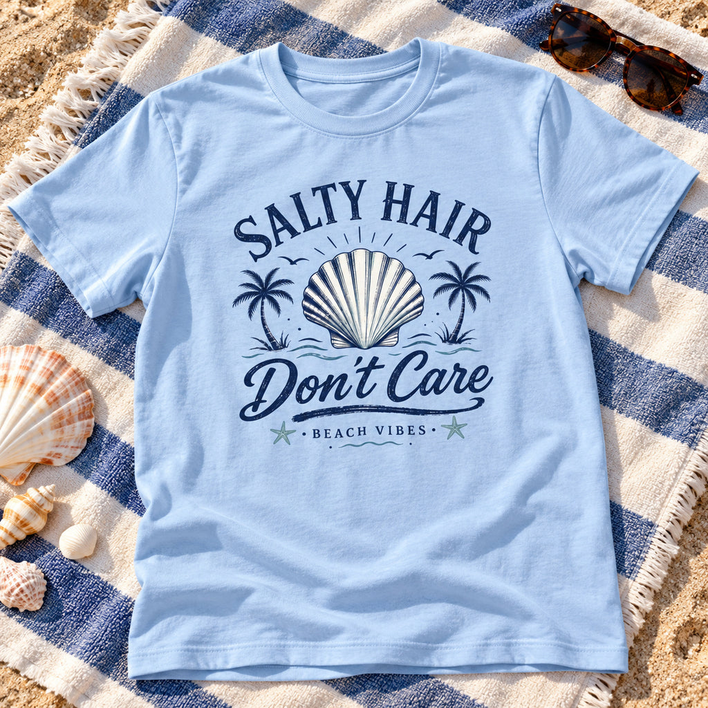 Salty Hair Don't Care Shirt | Beach Shell Tee — close-up lifestyle mockup