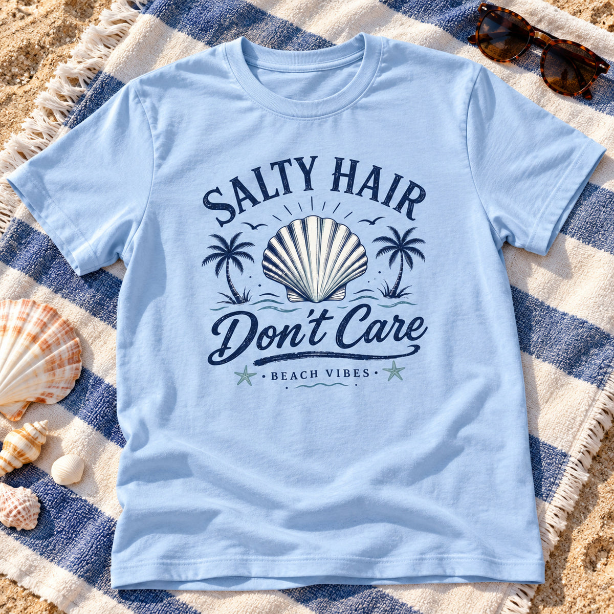 Salty Hair Don't Care Shirt | Beach Shell Tee — close-up lifestyle mockup