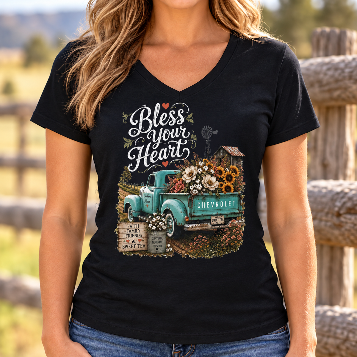 Vintage Blue Truck Sunflower V-Neck Shirt | Farmhouse Tee — lifestyle mockup with raised upper chest print