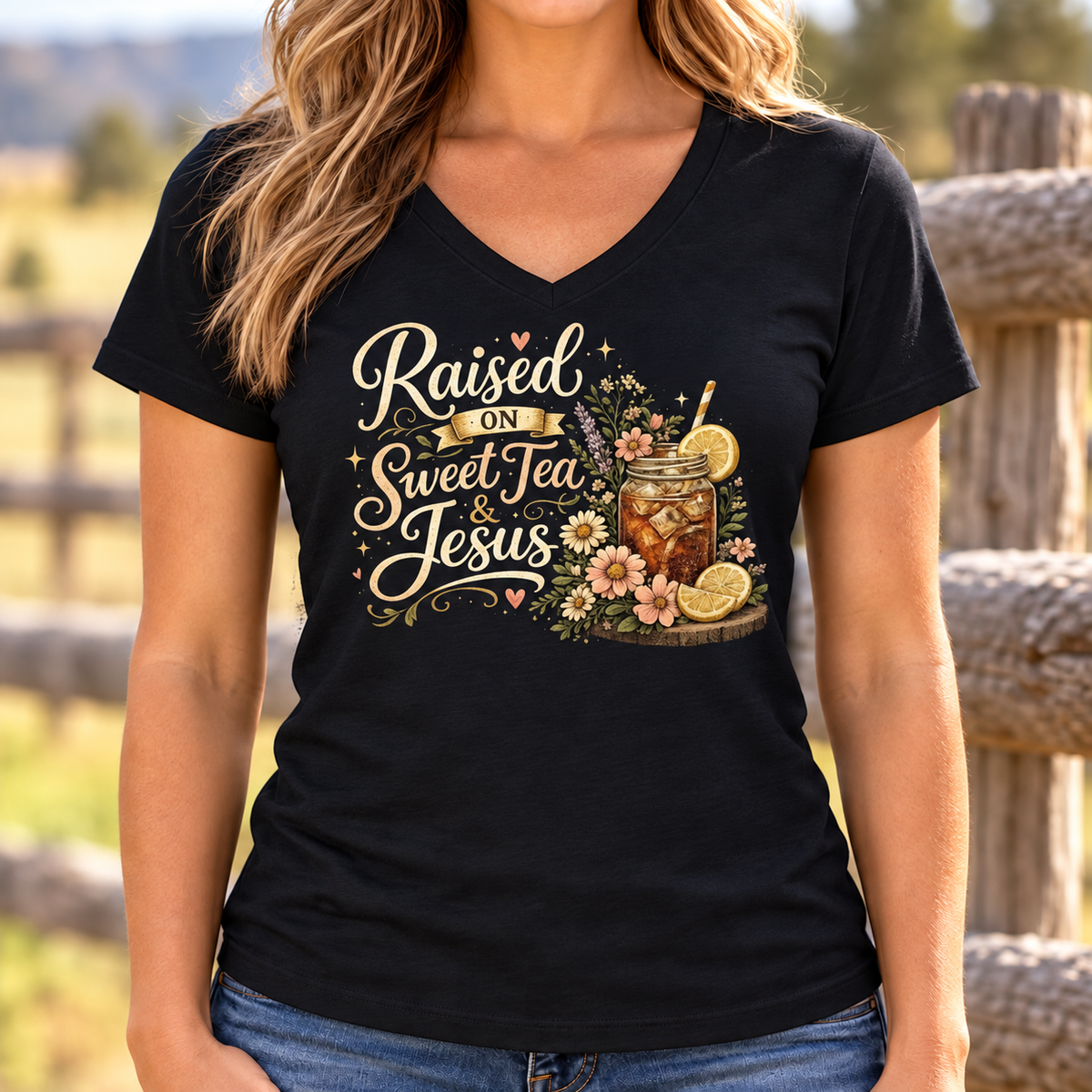 Raised on Sweet Tea Floral V-Neck Shirt | Southern Graphic Tee — lifestyle mockup with raised upper chest print