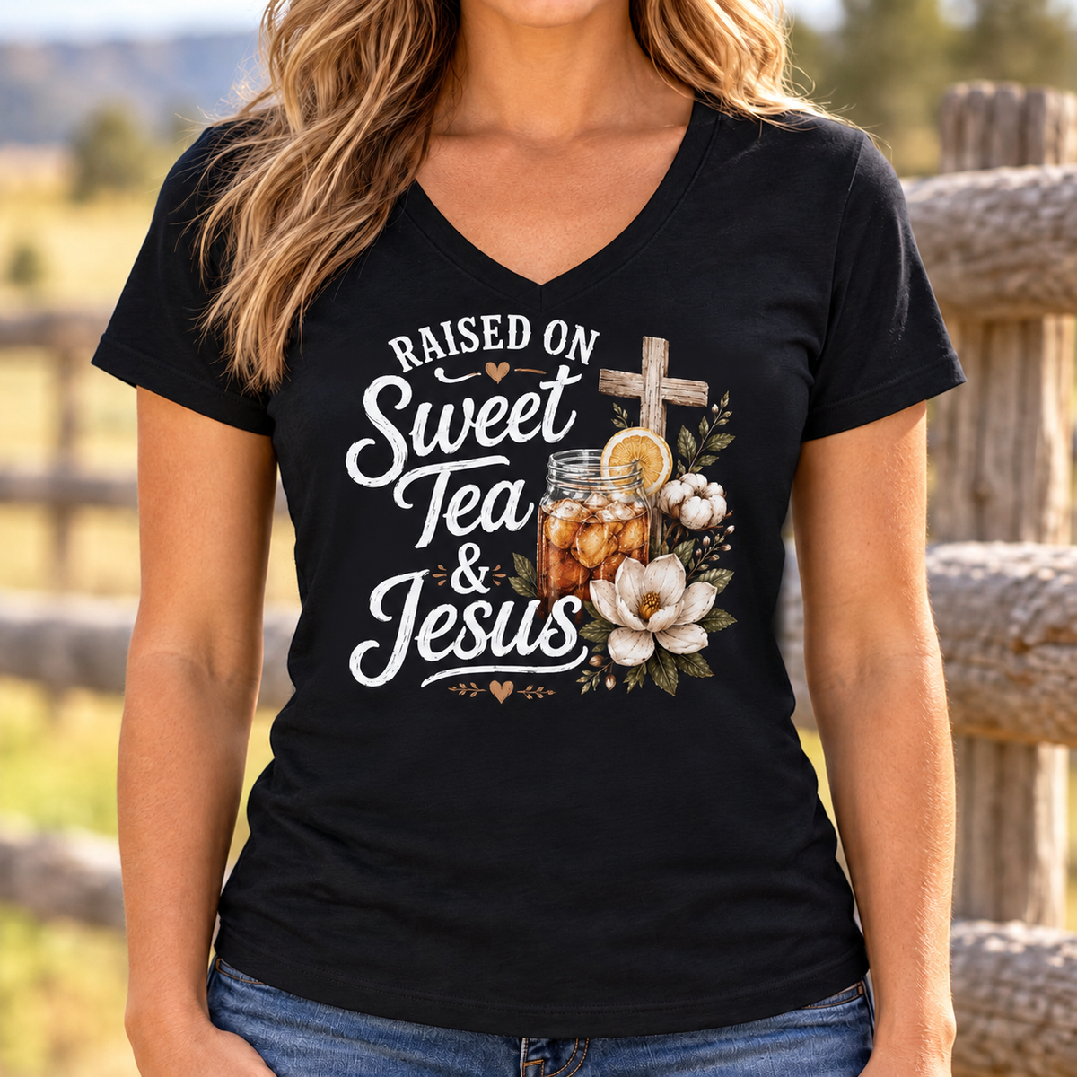 Raised on Sweet Tea & Jesus V-Neck Shirt — lifestyle mockup with raised upper chest print