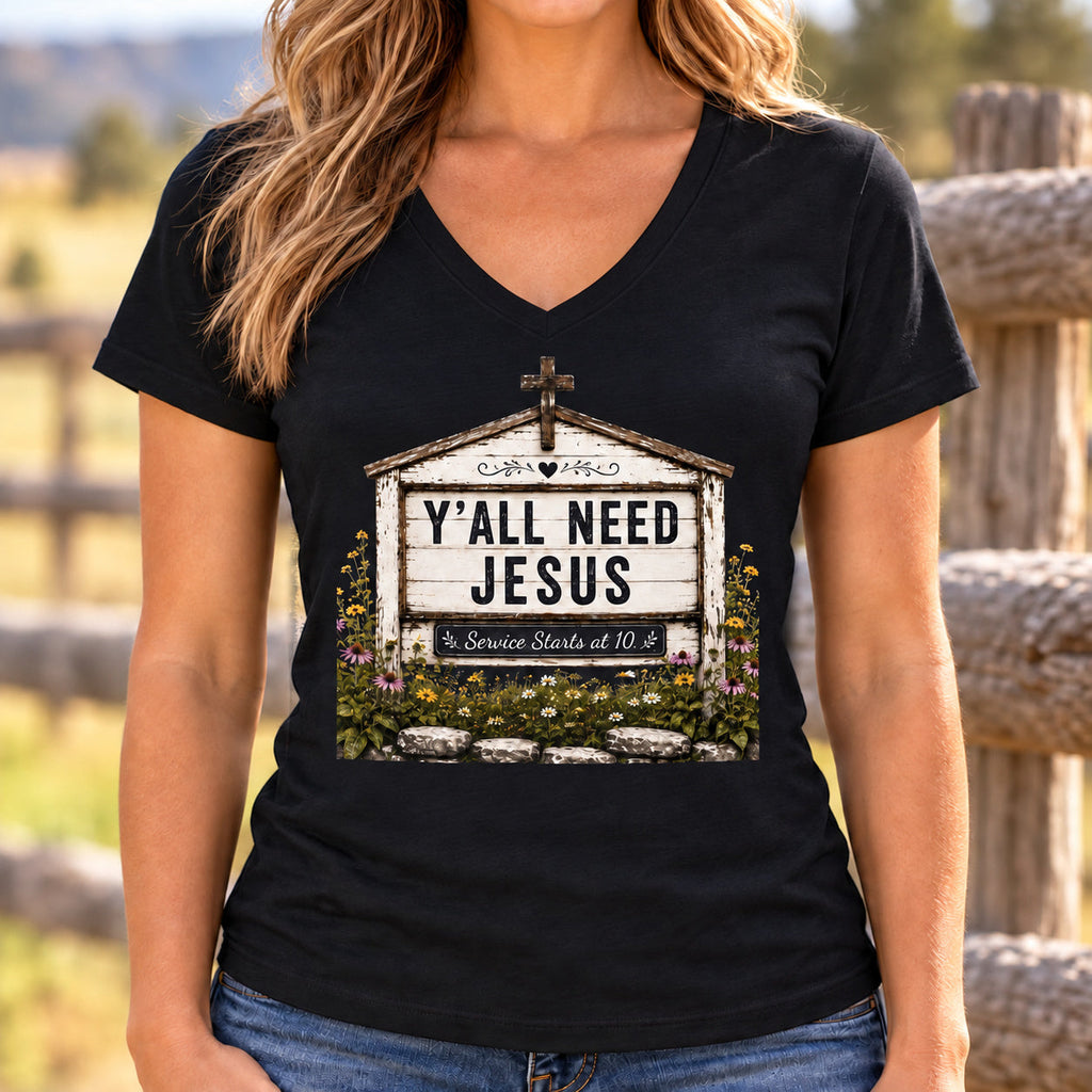 Y'all Need Jesus Church Marquee V-Neck Shirt — lifestyle mockup with raised upper chest print