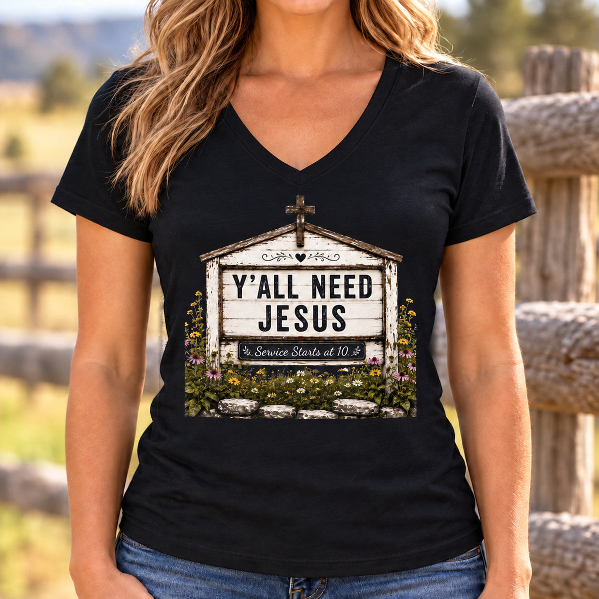 Y'all Need Jesus Church Marquee V-Neck Shirt — lifestyle mockup with raised upper chest print
